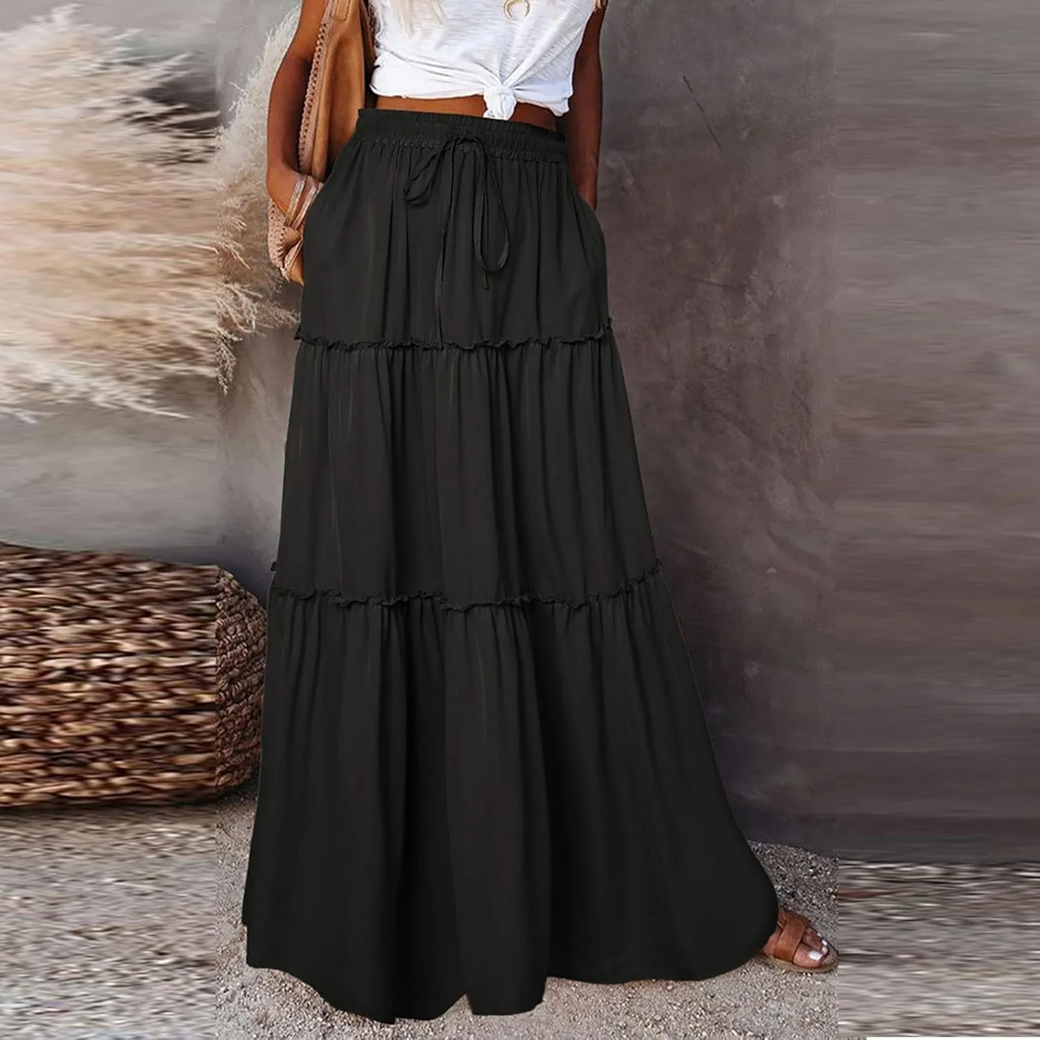Pleated Skirts for Women Trendy Flowy Maxi Skirts Drawstring Elastic High Waisted Skirts Casual Tiered Ruffle Skirt