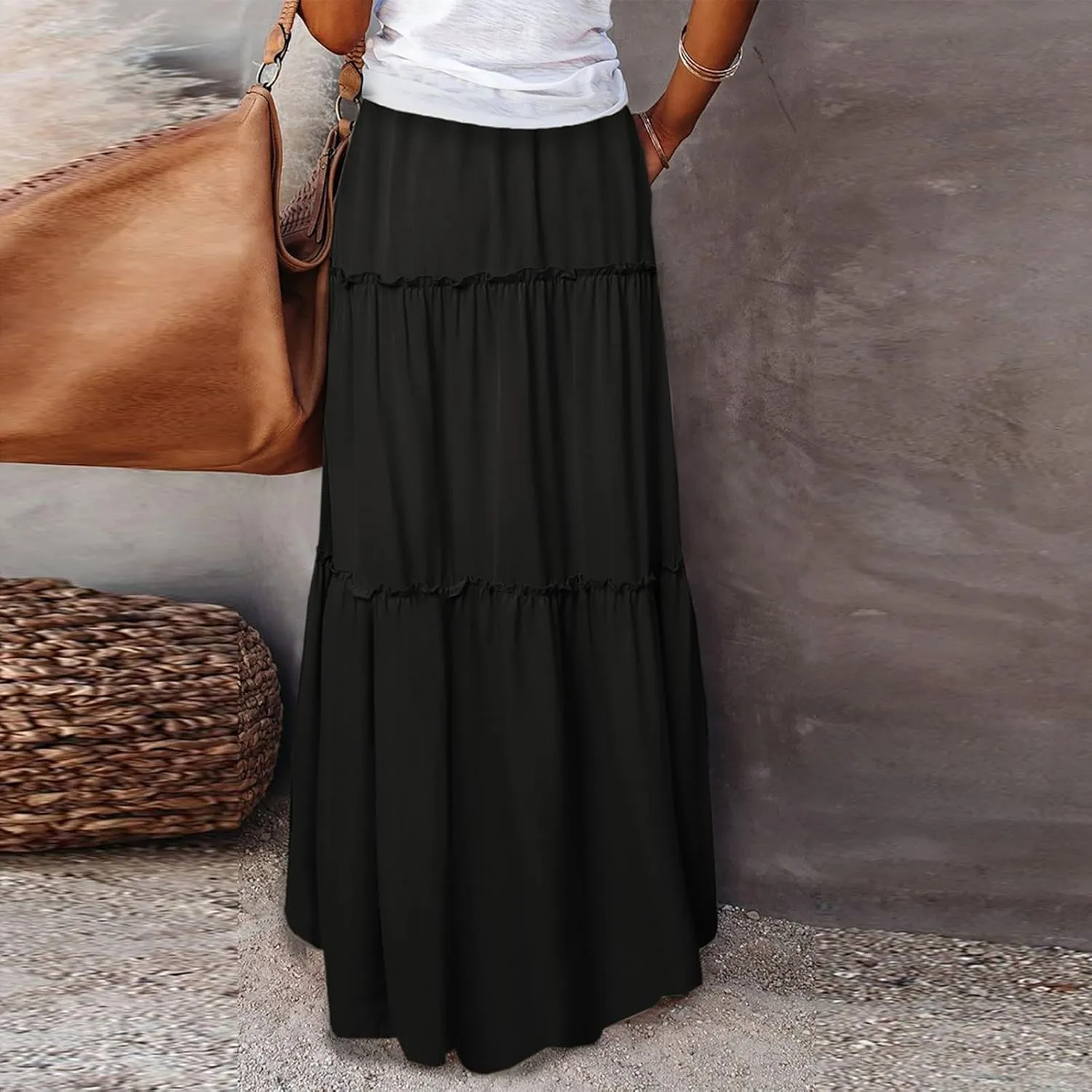 Pleated Skirts for Women Trendy Flowy Maxi Skirts Drawstring Elastic High Waisted Skirts Casual Tiered Ruffle Skirt