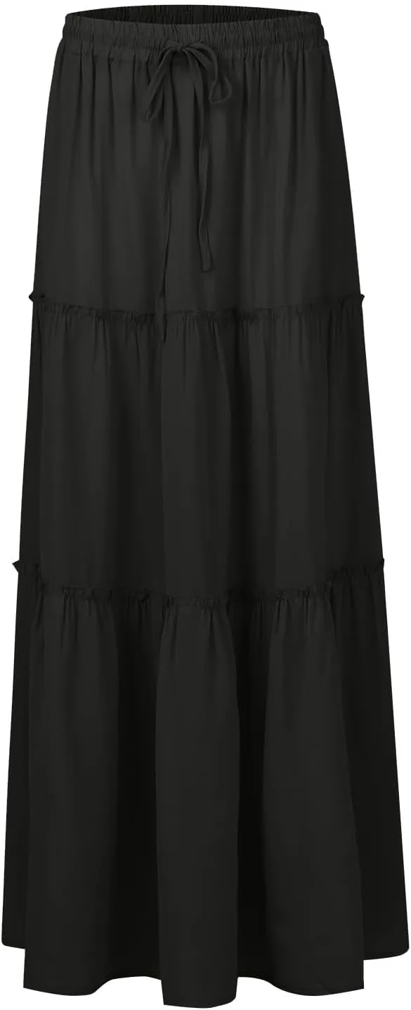 Pleated Skirts for Women Trendy Flowy Maxi Skirts Drawstring Elastic High Waisted Skirts Casual Tiered Ruffle Skirt