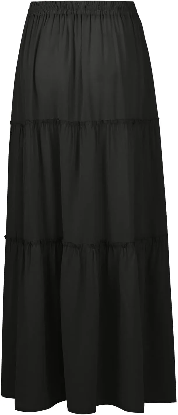Pleated Skirts for Women Trendy Flowy Maxi Skirts Drawstring Elastic High Waisted Skirts Casual Tiered Ruffle Skirt