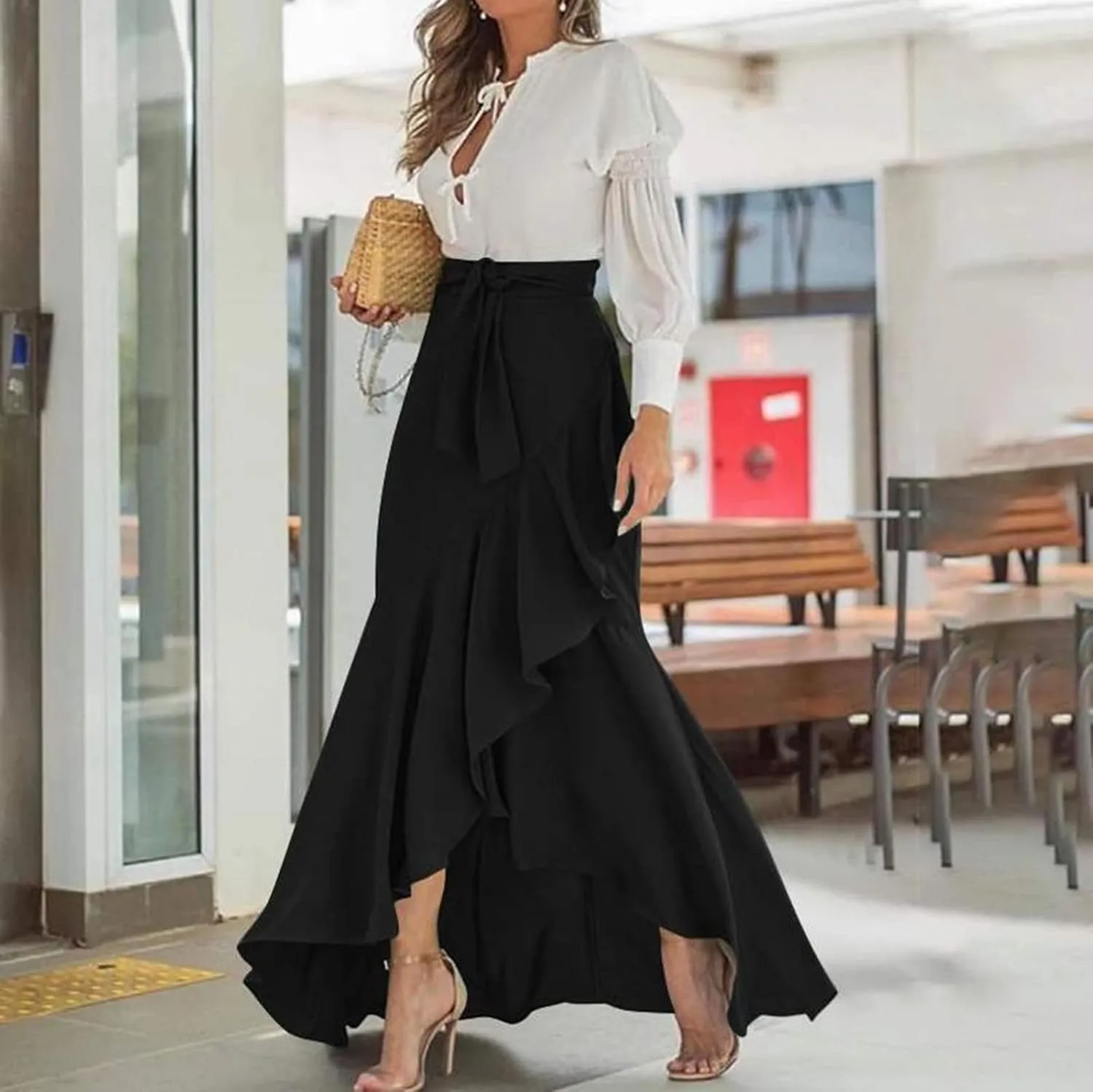 Plus Size Skirts for Women Formal Maxi Skirts Ruffle Solid Flowy Skirts,S-5XL