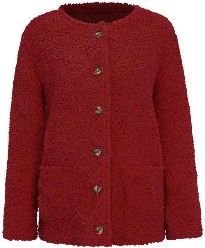 Plus Size Womens Open Front Cardigan Sweater Round Neck Button Down Warm Jacket Casual Soft Cozy Coat with Pocket