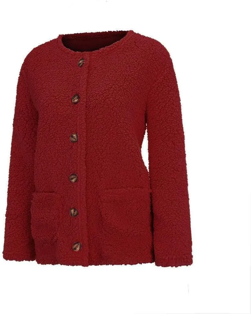 Plus Size Womens Open Front Cardigan Sweater Round Neck Button Down Warm Jacket Casual Soft Cozy Coat with Pocket