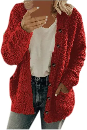 Plus Size Womens Open Front Cardigan Sweater Round Neck Button Down Warm Jacket Casual Soft Cozy Coat with Pocket