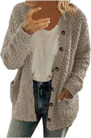 Plus Size Womens Open Front Cardigan Sweater Round Neck Button Down Warm Jacket Casual Soft Cozy Coat with Pocket
