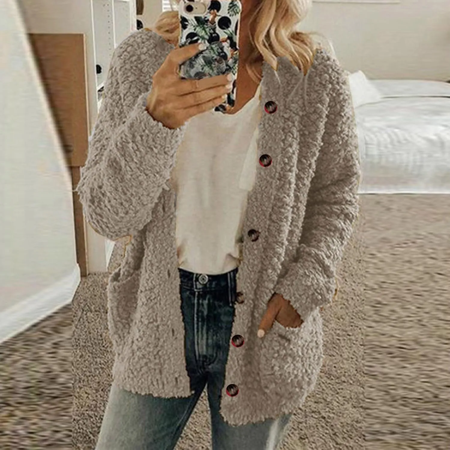 Plus Size Womens Open Front Cardigan Sweater Round Neck Button Down Warm Jacket Casual Soft Cozy Coat with Pocket