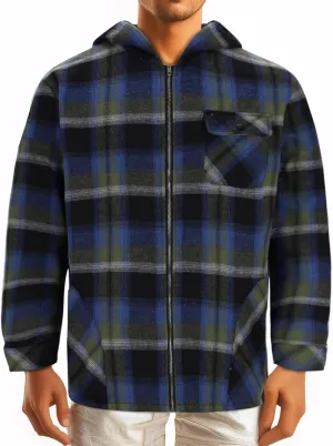 Plush Hooded Jacket for Men Plaid Print Zipper Shirt Jacket Casual Fashion Warm Coat Outerwear with Pockets