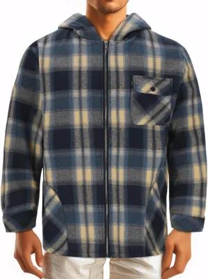 Plush Hooded Jacket for Men Plaid Print Zipper Shirt Jacket Casual Fashion Warm Coat Outerwear with Pockets