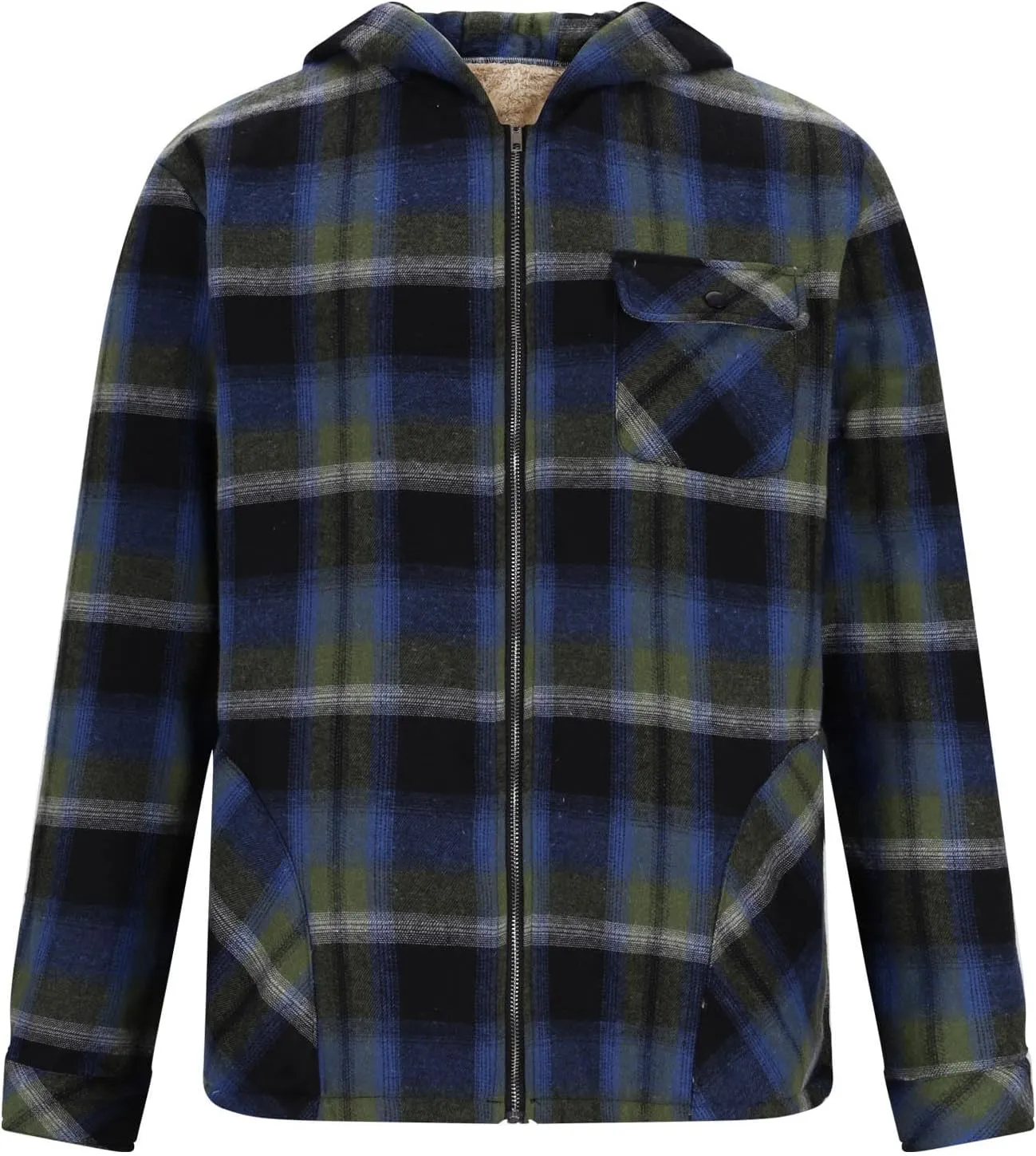 Plush Hooded Jacket for Men Plaid Print Zipper Shirt Jacket Casual Fashion Warm Coat Outerwear with Pockets