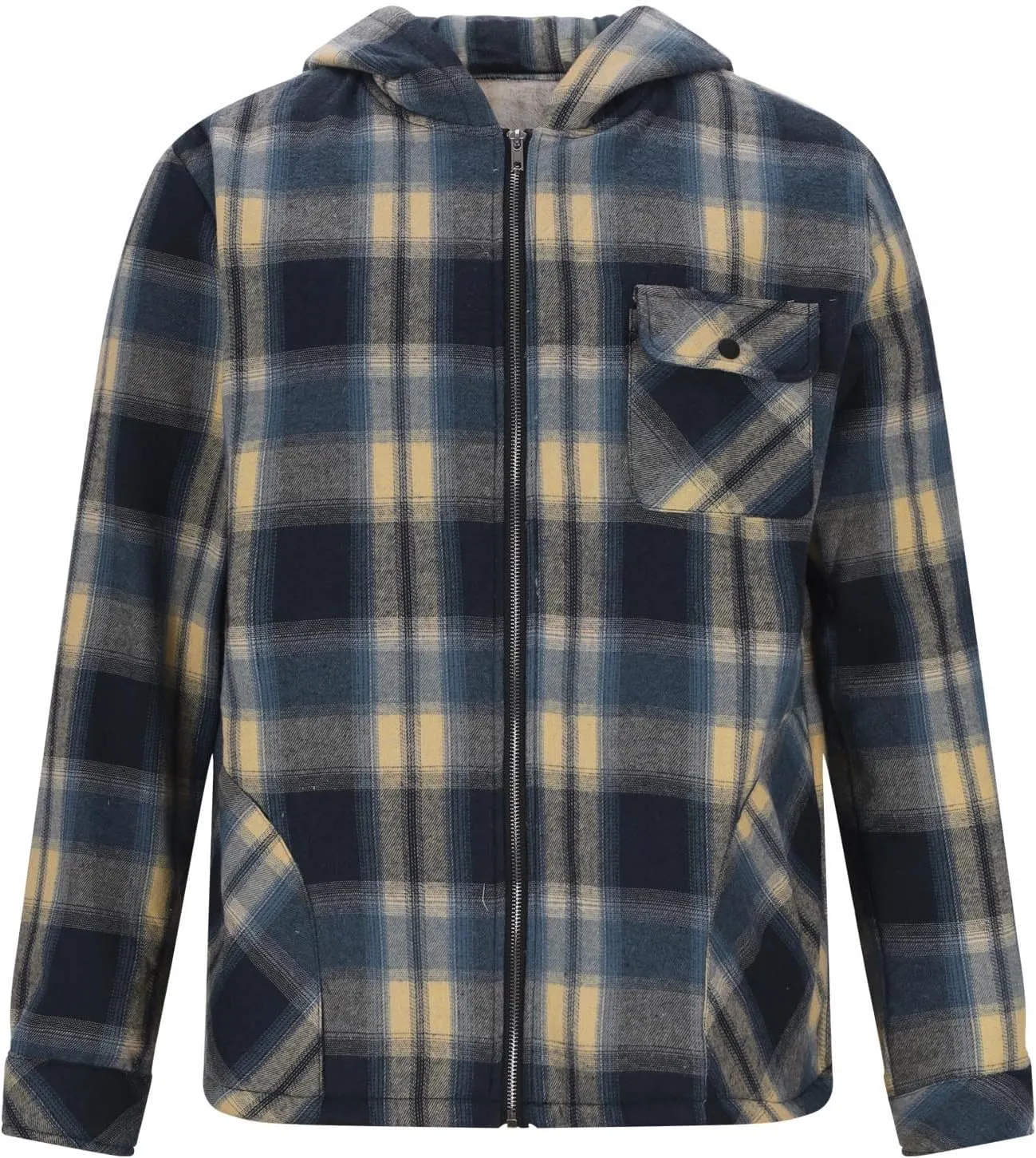 Plush Hooded Jacket for Men Plaid Print Zipper Shirt Jacket Casual Fashion Warm Coat Outerwear with Pockets