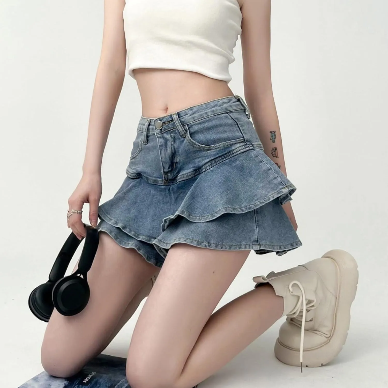 Pokn Y2K Mini Skirts Jean Skirts High Waisted Skirt Bow Skirt with Shorts Preppy Lolita Kawaii Skirts