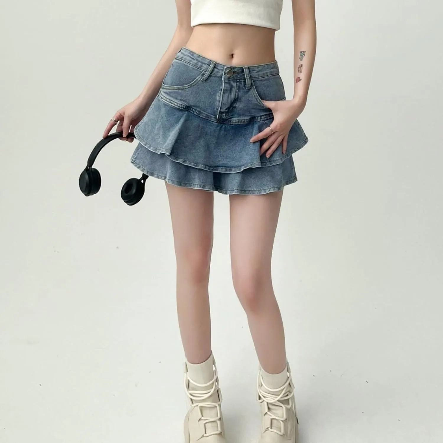 Pokn Y2K Mini Skirts Jean Skirts High Waisted Skirt Bow Skirt with Shorts Preppy Lolita Kawaii Skirts