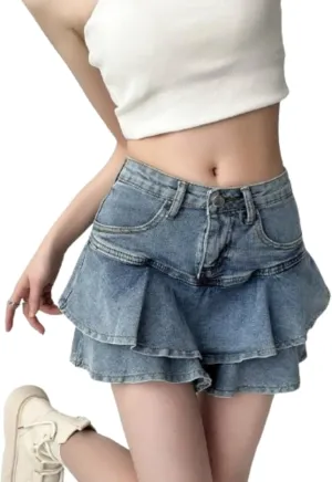 Pokn Y2K Mini Skirts Jean Skirts High Waisted Skirt Bow Skirt with Shorts Preppy Lolita Kawaii Skirts
