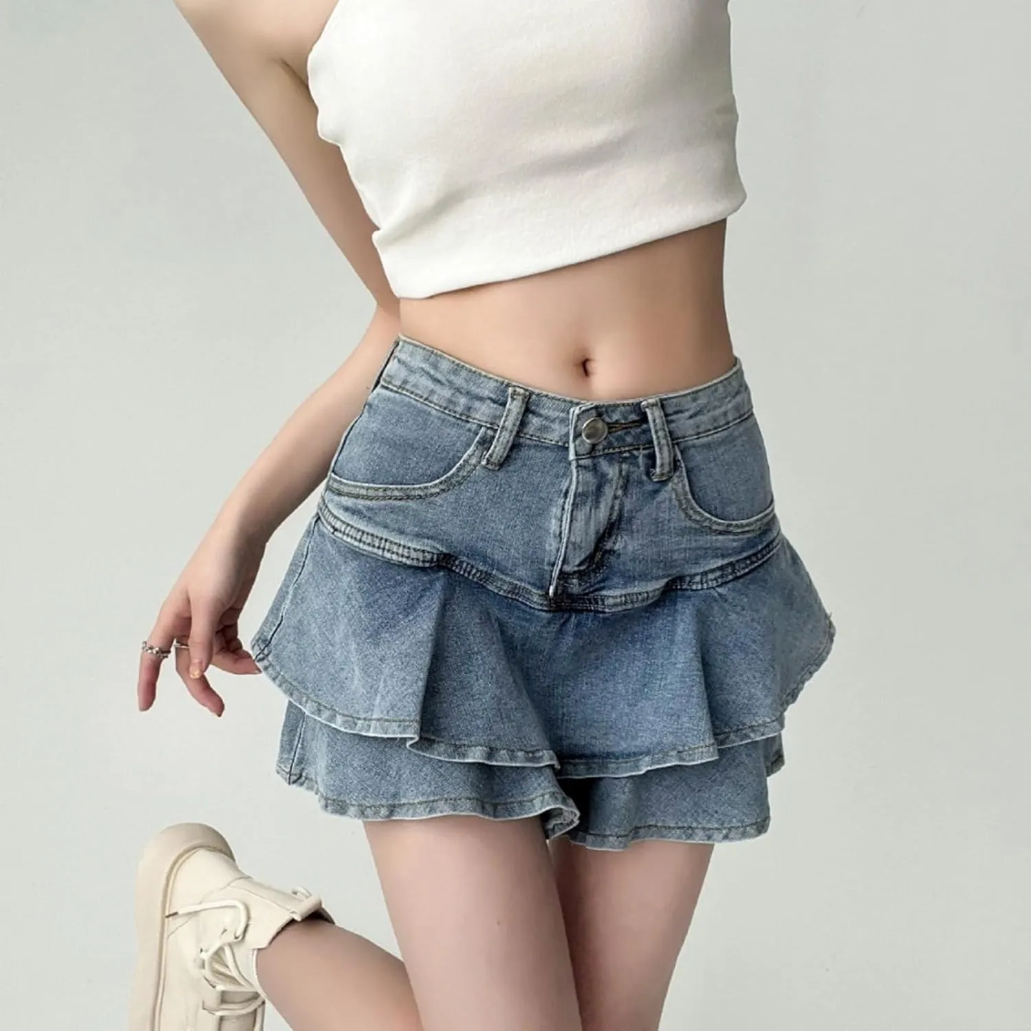 Pokn Y2K Mini Skirts Jean Skirts High Waisted Skirt Bow Skirt with Shorts Preppy Lolita Kawaii Skirts