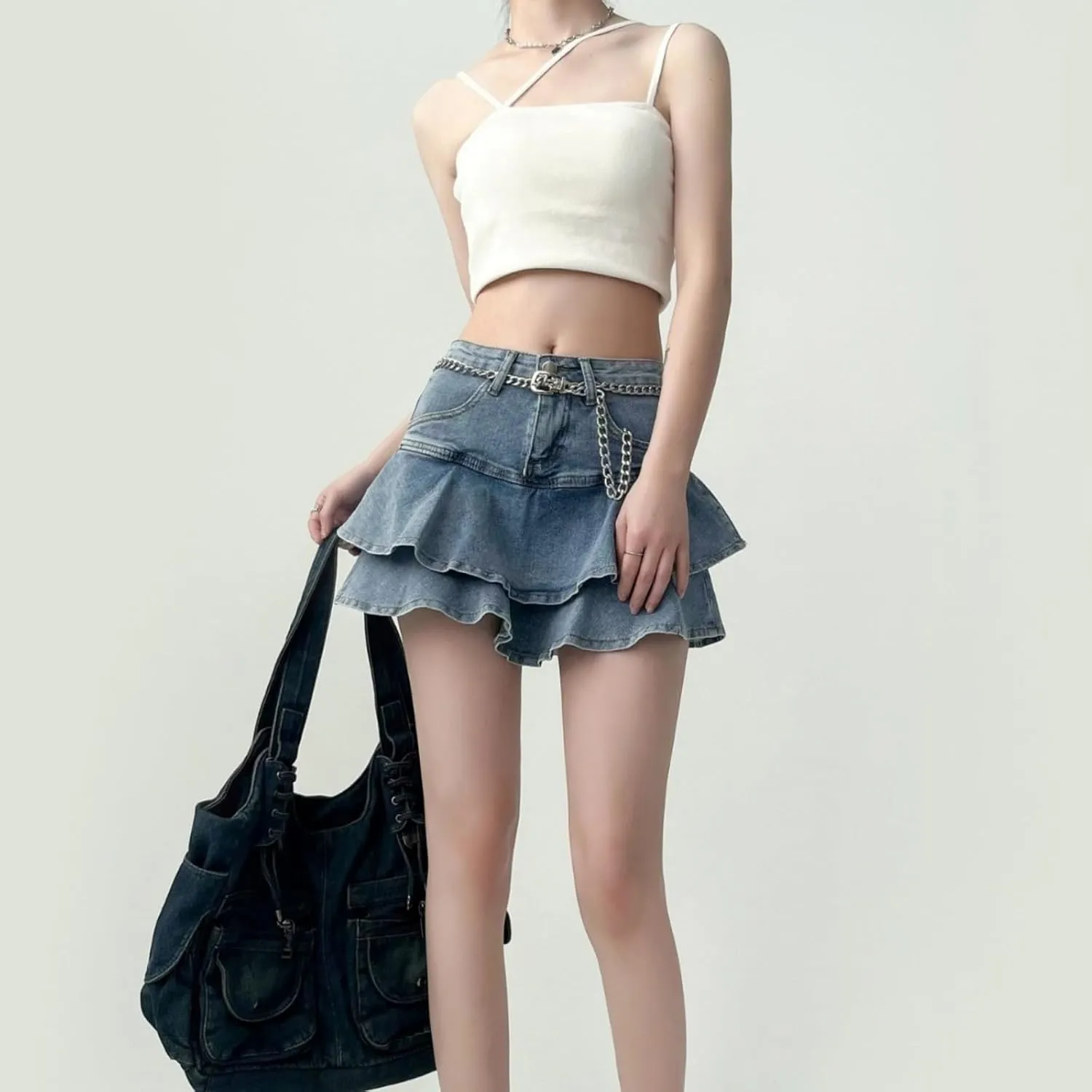 Pokn Y2K Mini Skirts Jean Skirts High Waisted Skirt Bow Skirt with Shorts Preppy Lolita Kawaii Skirts