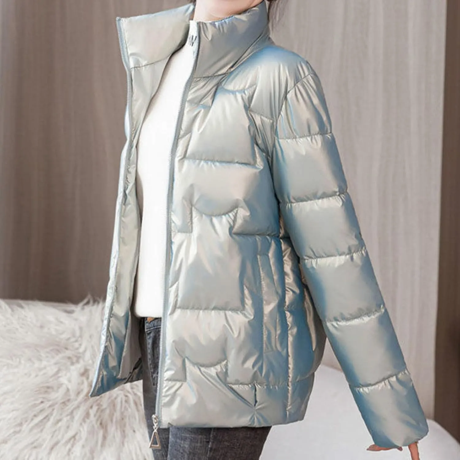 Puffer Jacket Womens Winter Warm Stand Collar Down Jackets Classic Soild Quilted Coats Lightweight Plus Size Outwear