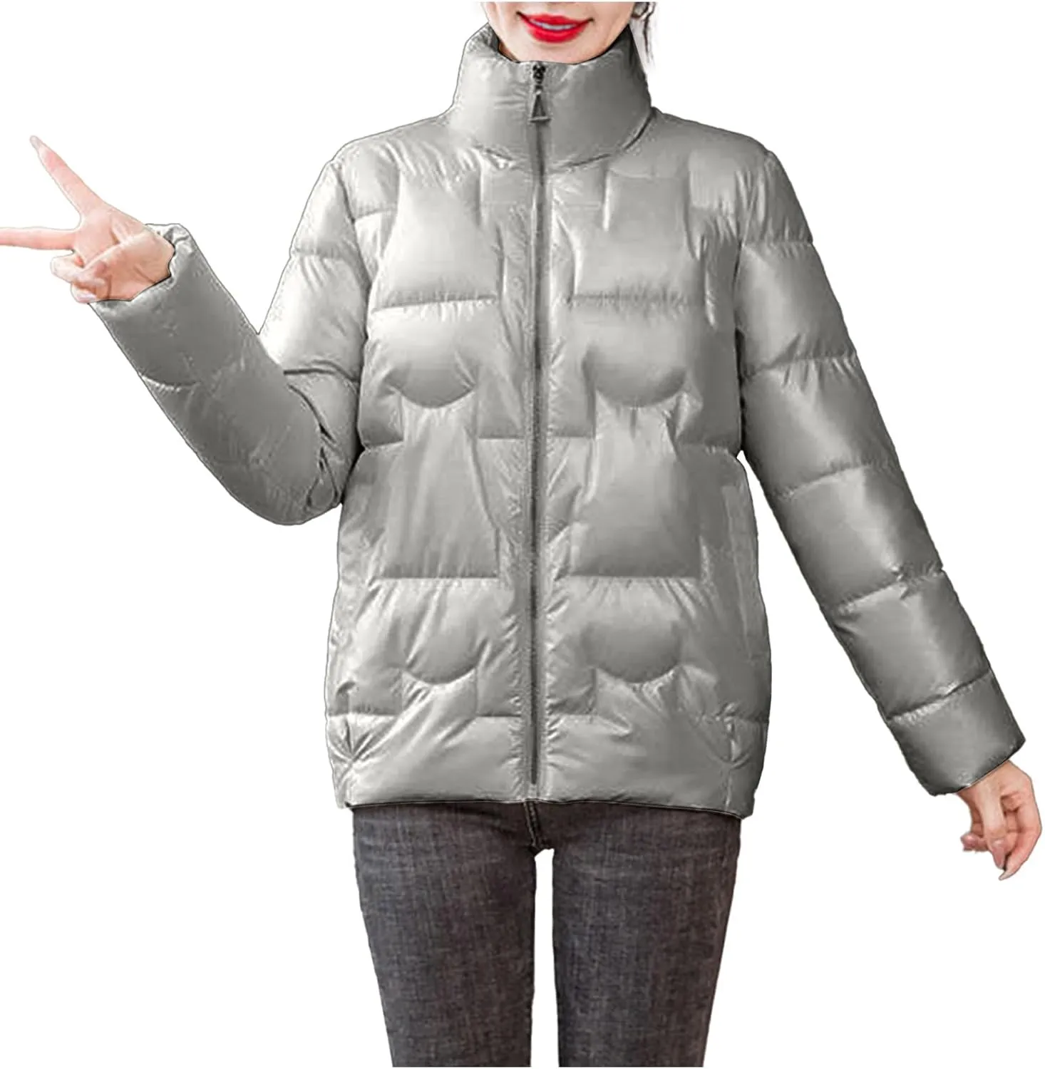 Puffer Jacket Womens Winter Warm Stand Collar Down Jackets Classic Soild Quilted Coats Lightweight Plus Size Outwear