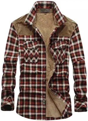 QWENTMTNTY Mens Sherpa Fleece Lined Shackets Corduroy Patches Casual Heavyweight Western Plaid Flannel Shirt Jackets Outwear