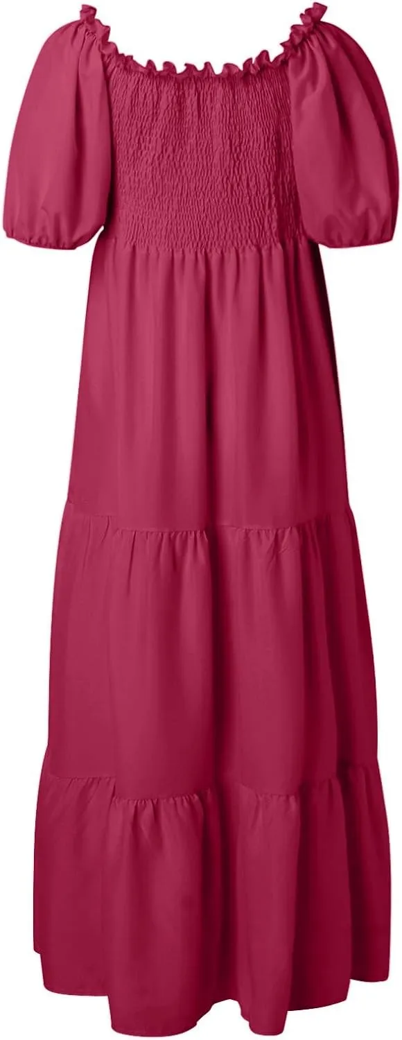 Rvidbe Womens Summer Short Sleeve Square Neck Maxi Dress Smocked Ruffle Hem Tiered Long Dresses Boho A Line Beach Sundress