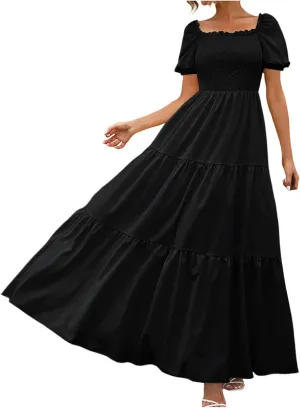 Rvidbe Womens Summer Short Sleeve Square Neck Maxi Dress Smocked Ruffle Hem Tiered Long Dresses Boho A Line Beach Sundress