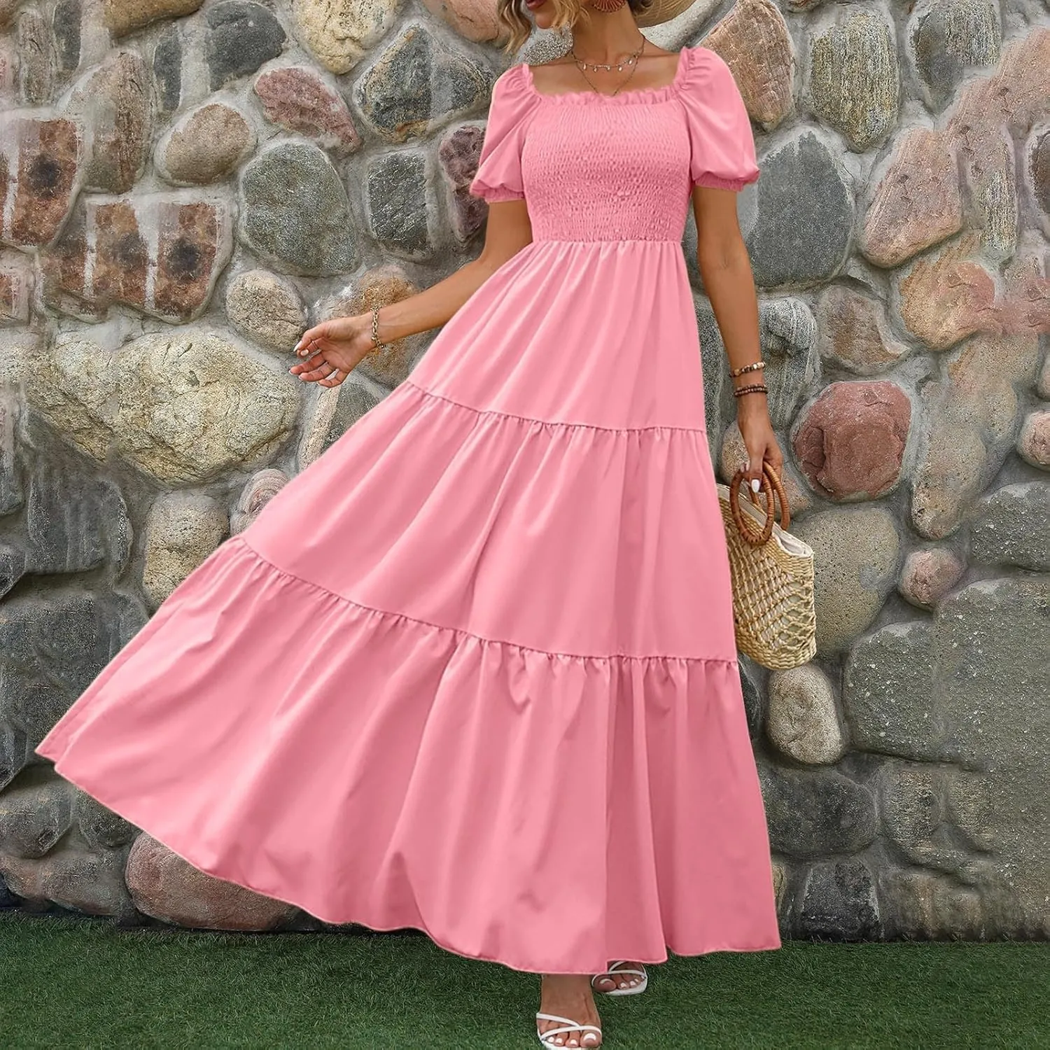 Rvidbe Womens Summer Short Sleeve Square Neck Maxi Dress Smocked Ruffle Hem Tiered Long Dresses Boho A Line Beach Sundress