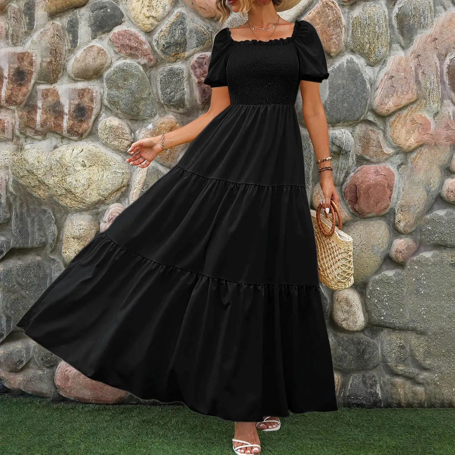 Rvidbe Womens Summer Short Sleeve Square Neck Maxi Dress Smocked Ruffle Hem Tiered Long Dresses Boho A Line Beach Sundress