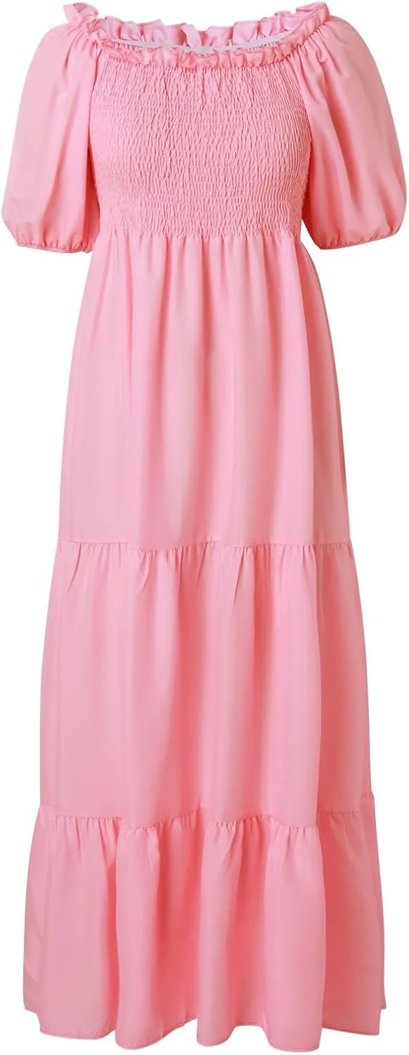 Rvidbe Womens Summer Short Sleeve Square Neck Maxi Dress Smocked Ruffle Hem Tiered Long Dresses Boho A Line Beach Sundress