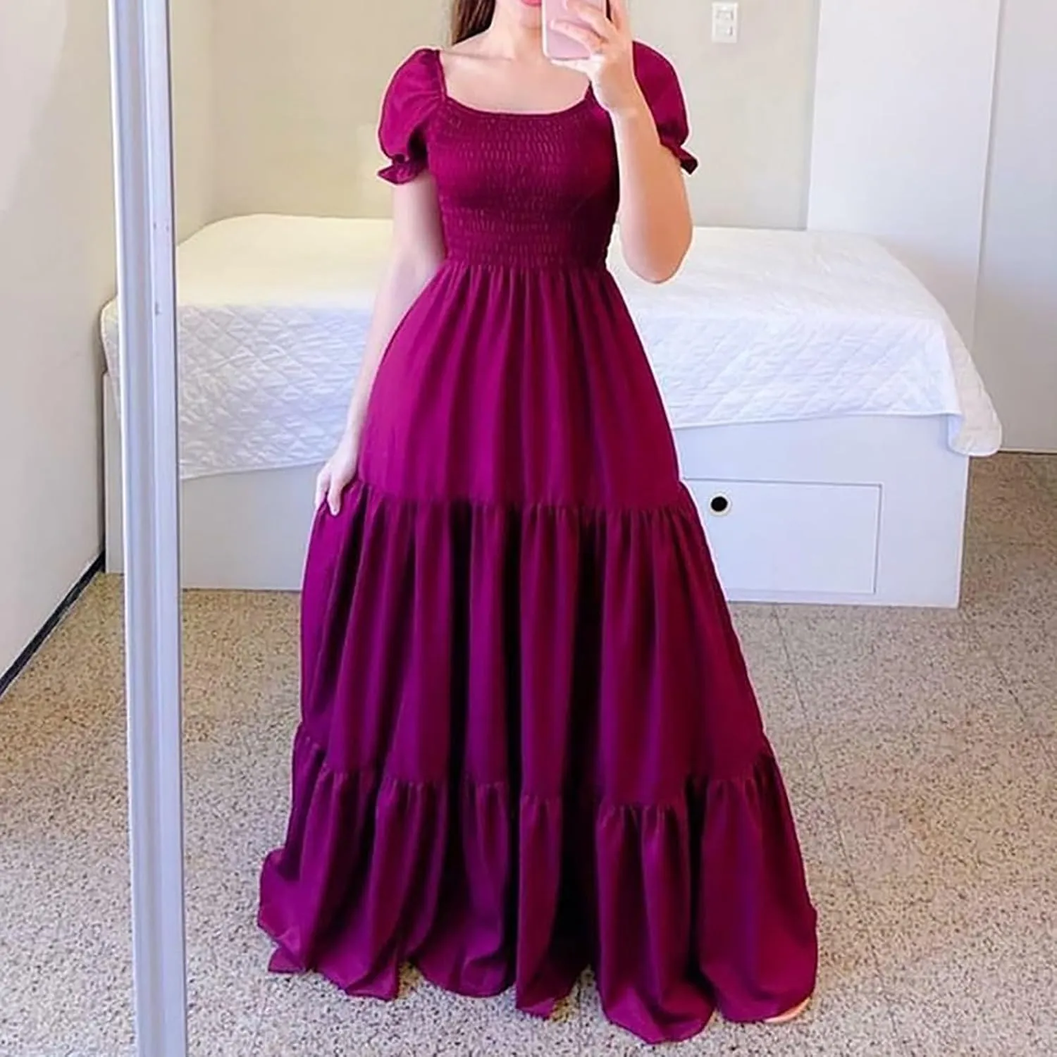 Rvidbe Womens Summer Short Sleeve Square Neck Maxi Dress Smocked Ruffle Hem Tiered Long Dresses Boho A Line Beach Sundress