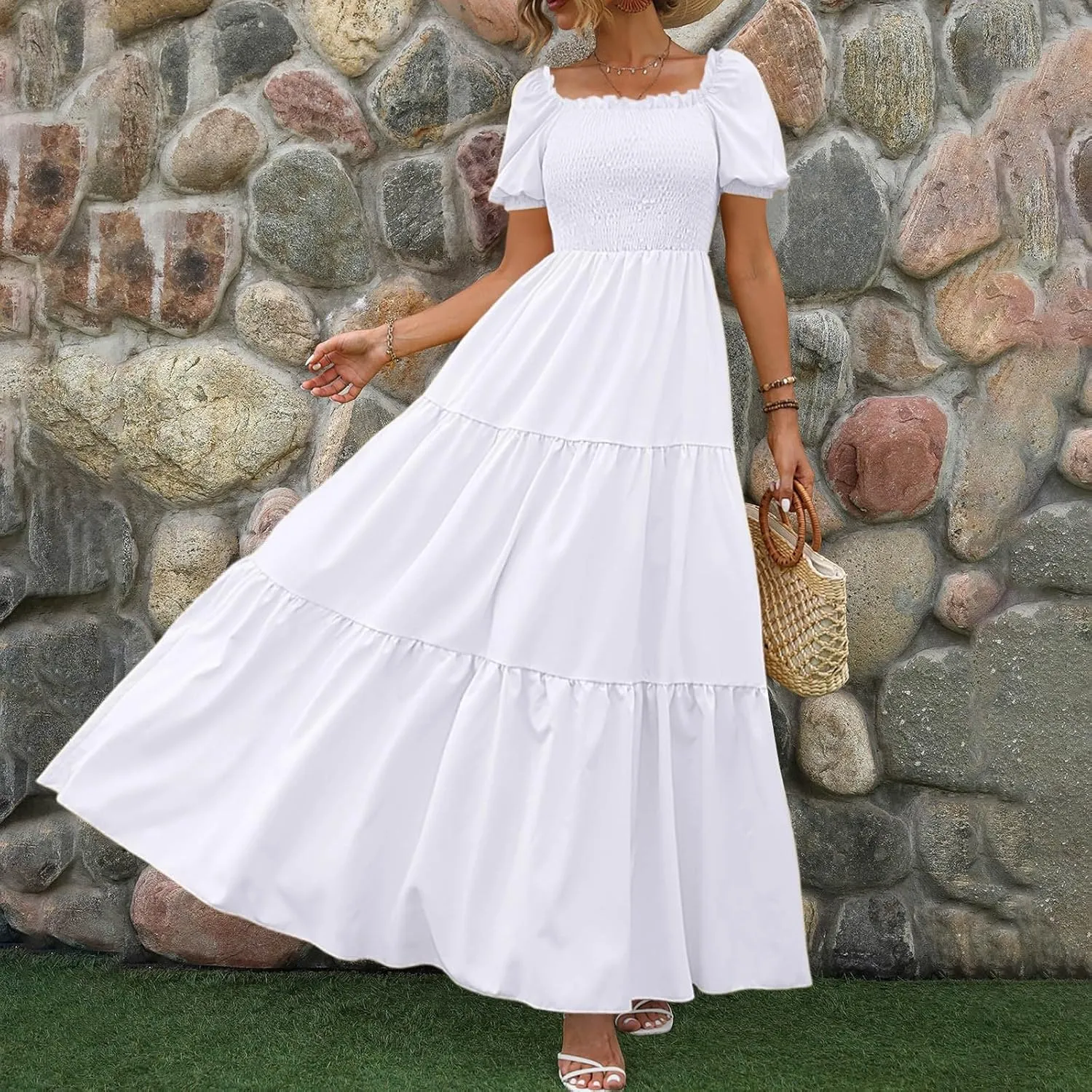Rvidbe Womens Summer Short Sleeve Square Neck Maxi Dress Smocked Ruffle Hem Tiered Long Dresses Boho A Line Beach Sundress