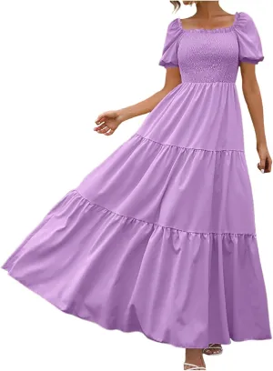 Rvidbe Womens Summer Short Sleeve Square Neck Maxi Dress Smocked Ruffle Hem Tiered Long Dresses Boho A Line Beach Sundress