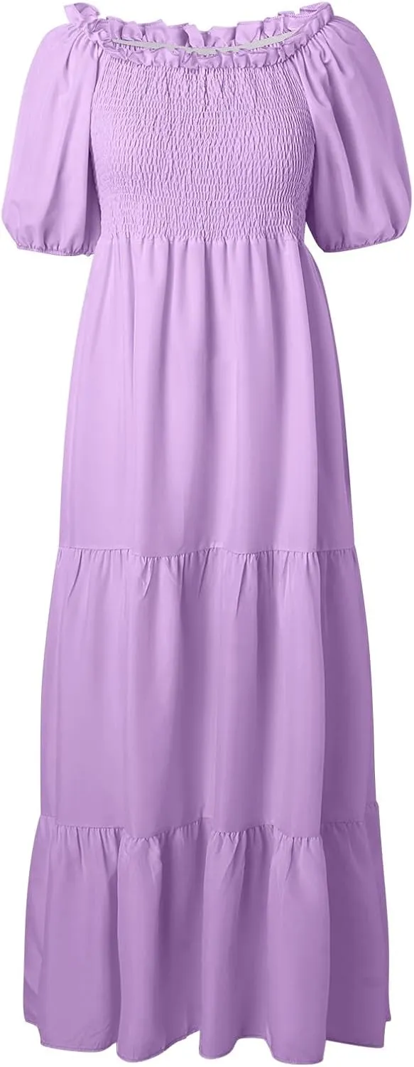 Rvidbe Womens Summer Short Sleeve Square Neck Maxi Dress Smocked Ruffle Hem Tiered Long Dresses Boho A Line Beach Sundress