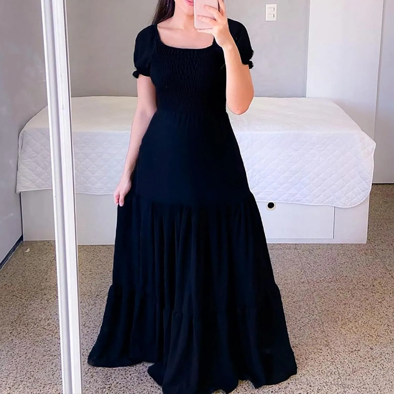 Rvidbe Womens Summer Short Sleeve Square Neck Maxi Dress Smocked Ruffle Hem Tiered Long Dresses Boho A Line Beach Sundress