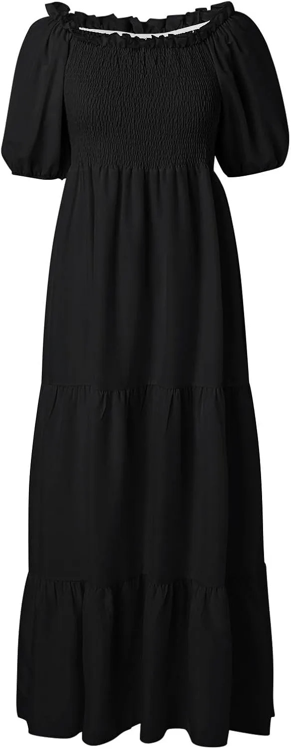 Rvidbe Womens Summer Short Sleeve Square Neck Maxi Dress Smocked Ruffle Hem Tiered Long Dresses Boho A Line Beach Sundress