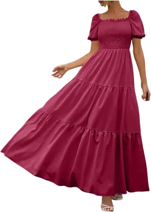 Rvidbe Womens Summer Short Sleeve Square Neck Maxi Dress Smocked Ruffle Hem Tiered Long Dresses Boho A Line Beach Sundress