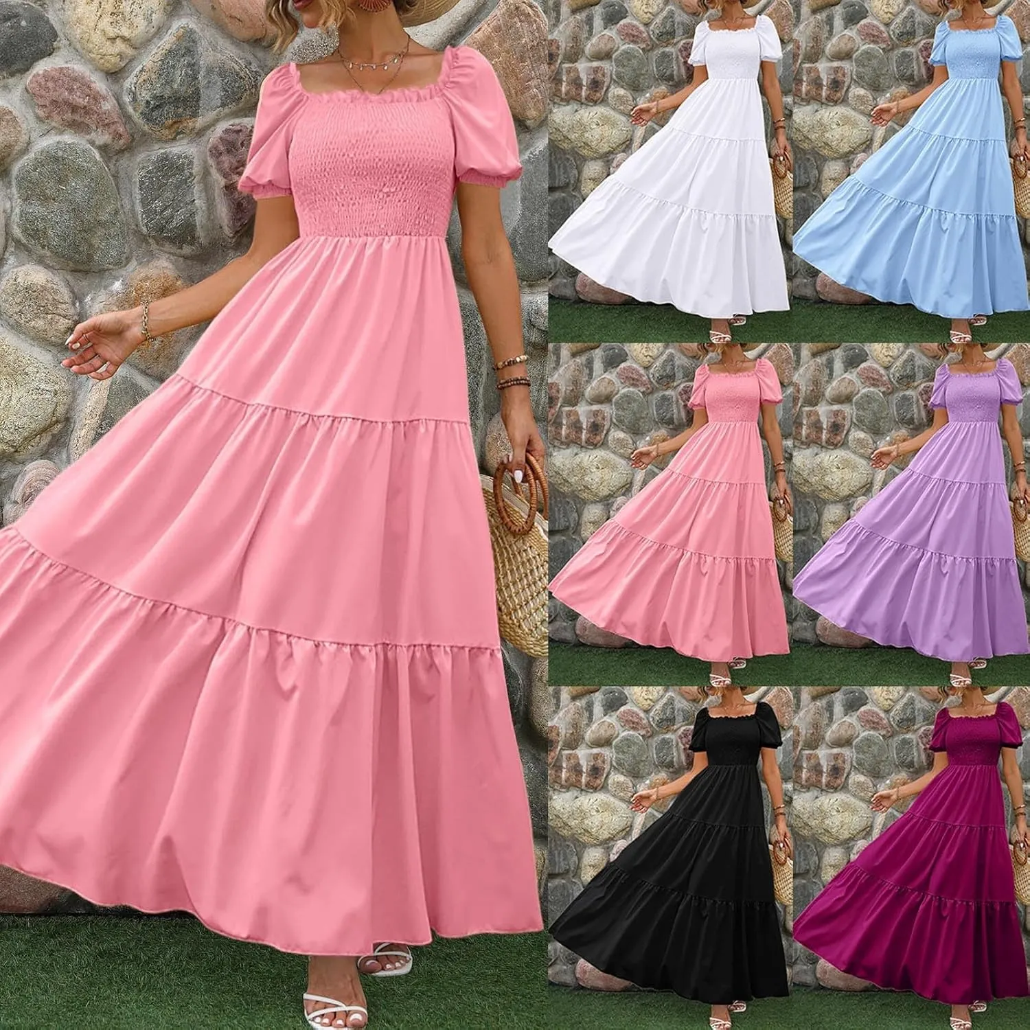 Rvidbe Womens Summer Short Sleeve Square Neck Maxi Dress Smocked Ruffle Hem Tiered Long Dresses Boho A Line Beach Sundress