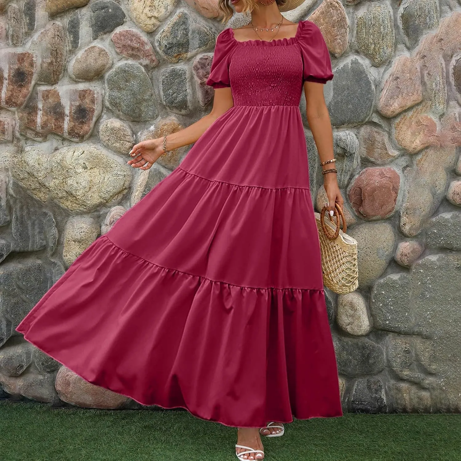 Rvidbe Womens Summer Short Sleeve Square Neck Maxi Dress Smocked Ruffle Hem Tiered Long Dresses Boho A Line Beach Sundress