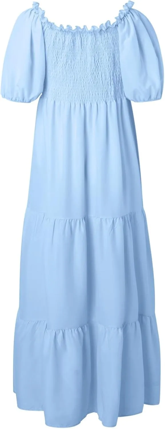 Rvidbe Womens Summer Short Sleeve Square Neck Maxi Dress Smocked Ruffle Hem Tiered Long Dresses Boho A Line Beach Sundress