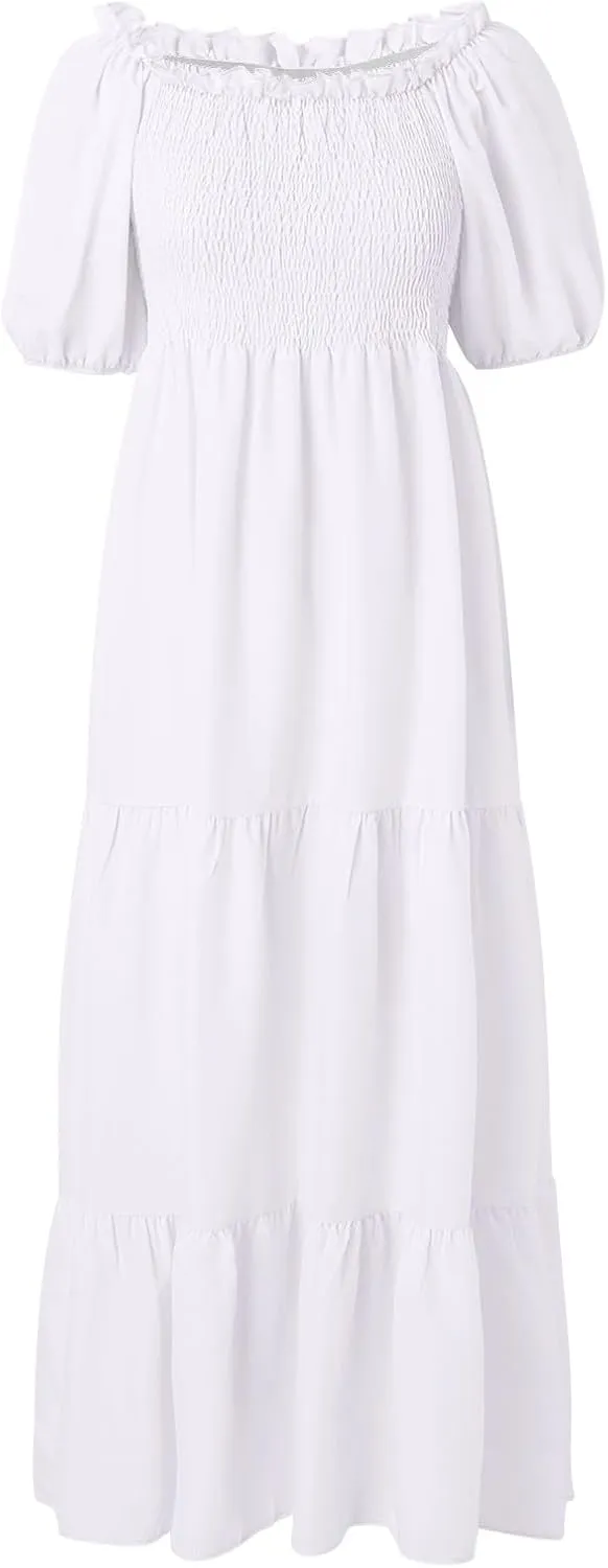 Rvidbe Womens Summer Short Sleeve Square Neck Maxi Dress Smocked Ruffle Hem Tiered Long Dresses Boho A Line Beach Sundress