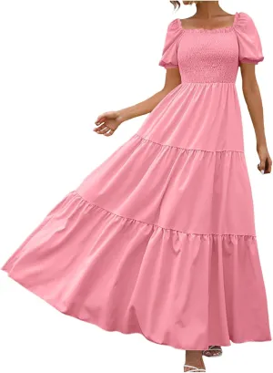 Rvidbe Womens Summer Short Sleeve Square Neck Maxi Dress Smocked Ruffle Hem Tiered Long Dresses Boho A Line Beach Sundress