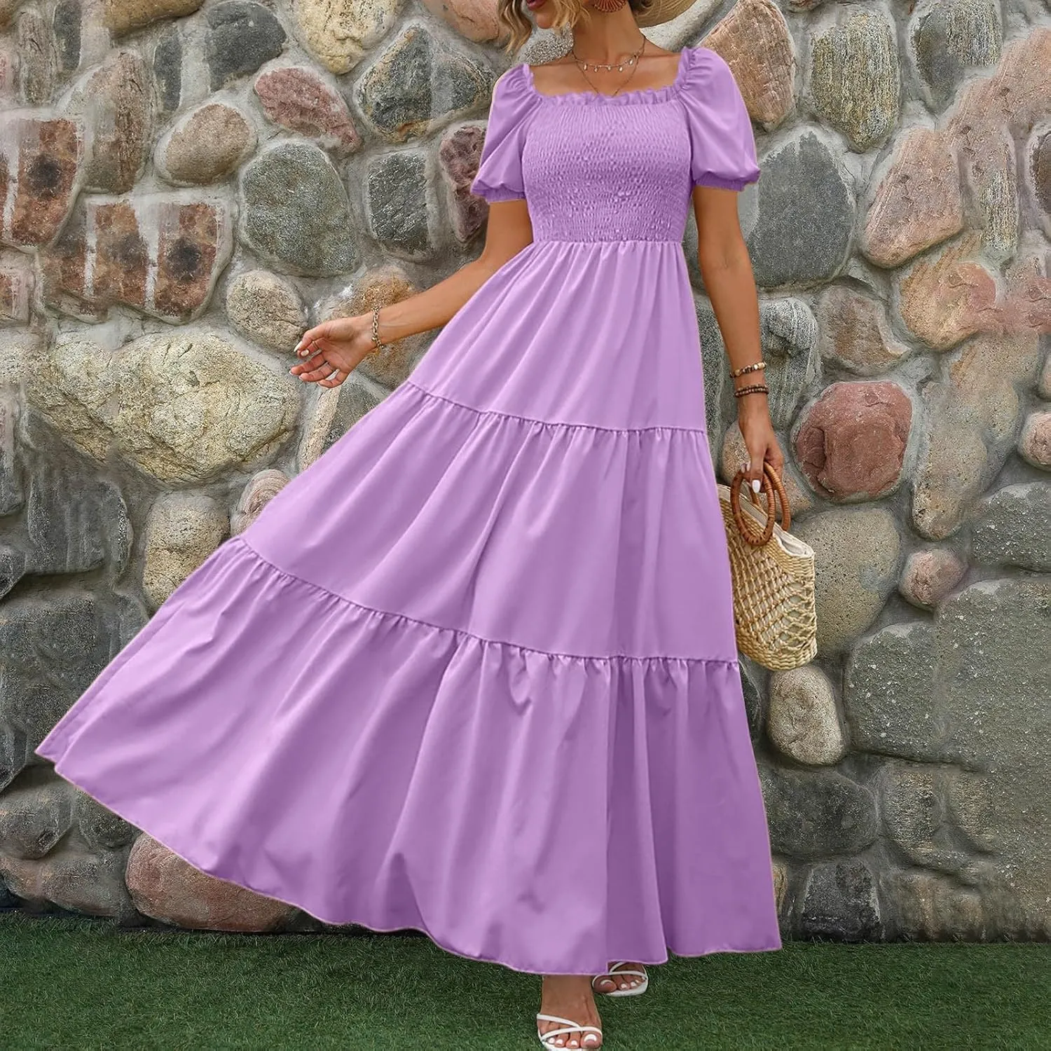 Rvidbe Womens Summer Short Sleeve Square Neck Maxi Dress Smocked Ruffle Hem Tiered Long Dresses Boho A Line Beach Sundress