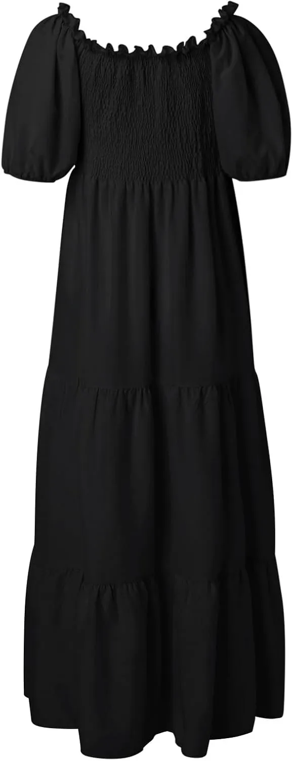 Rvidbe Womens Summer Short Sleeve Square Neck Maxi Dress Smocked Ruffle Hem Tiered Long Dresses Boho A Line Beach Sundress