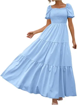 Rvidbe Womens Summer Short Sleeve Square Neck Maxi Dress Smocked Ruffle Hem Tiered Long Dresses Boho A Line Beach Sundress