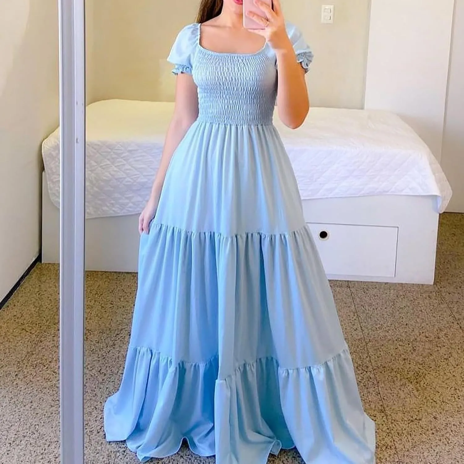 Rvidbe Womens Summer Short Sleeve Square Neck Maxi Dress Smocked Ruffle Hem Tiered Long Dresses Boho A Line Beach Sundress