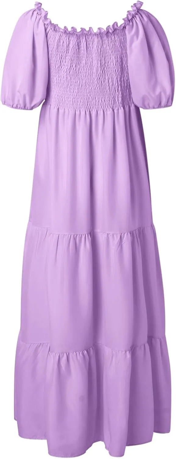 Rvidbe Womens Summer Short Sleeve Square Neck Maxi Dress Smocked Ruffle Hem Tiered Long Dresses Boho A Line Beach Sundress