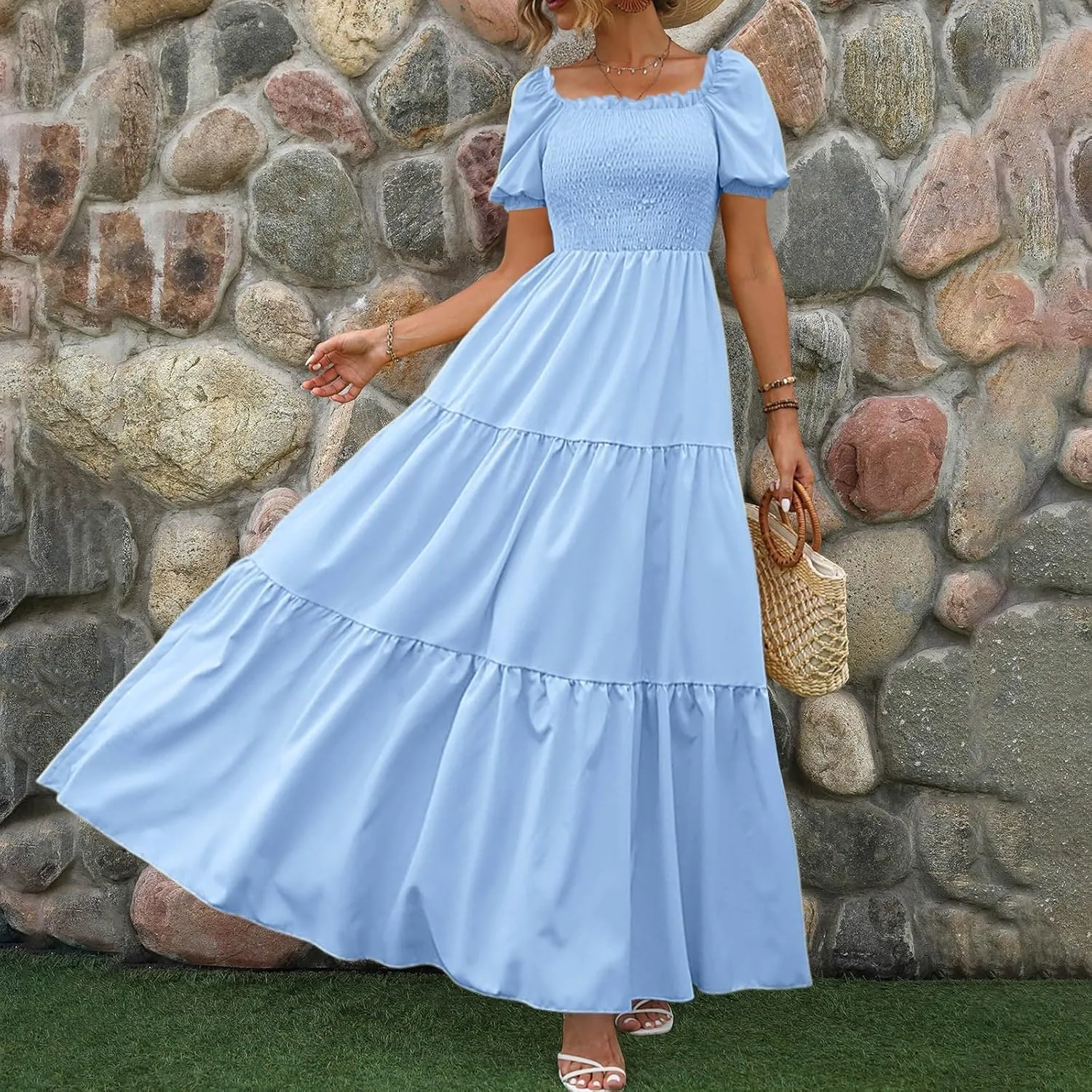 Rvidbe Womens Summer Short Sleeve Square Neck Maxi Dress Smocked Ruffle Hem Tiered Long Dresses Boho A Line Beach Sundress