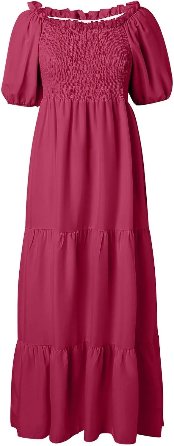 Rvidbe Womens Summer Short Sleeve Square Neck Maxi Dress Smocked Ruffle Hem Tiered Long Dresses Boho A Line Beach Sundress