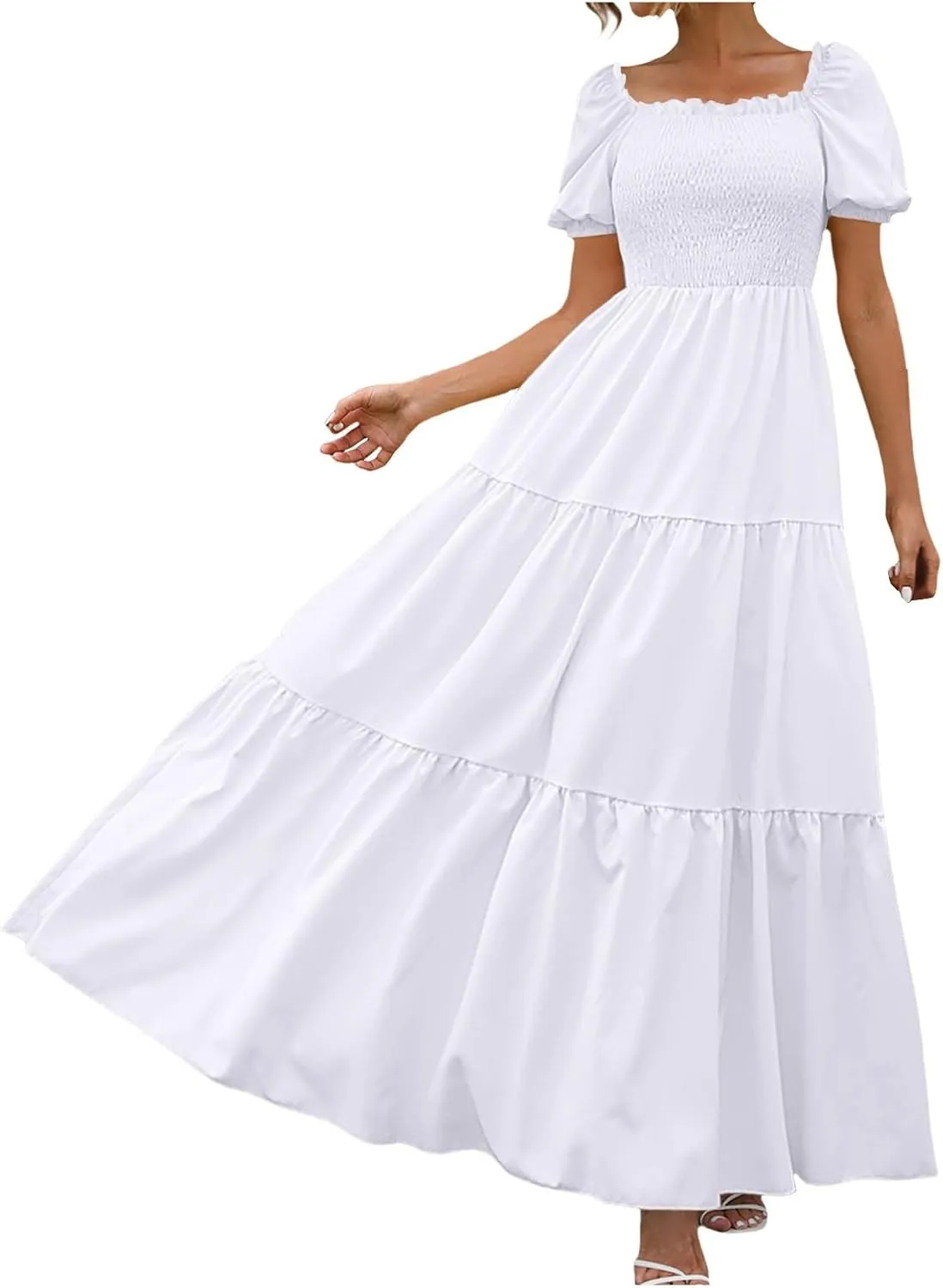 Rvidbe Womens Summer Short Sleeve Square Neck Maxi Dress Smocked Ruffle Hem Tiered Long Dresses Boho A Line Beach Sundress