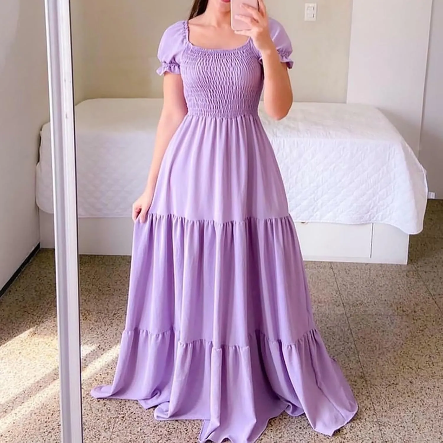 Rvidbe Womens Summer Short Sleeve Square Neck Maxi Dress Smocked Ruffle Hem Tiered Long Dresses Boho A Line Beach Sundress