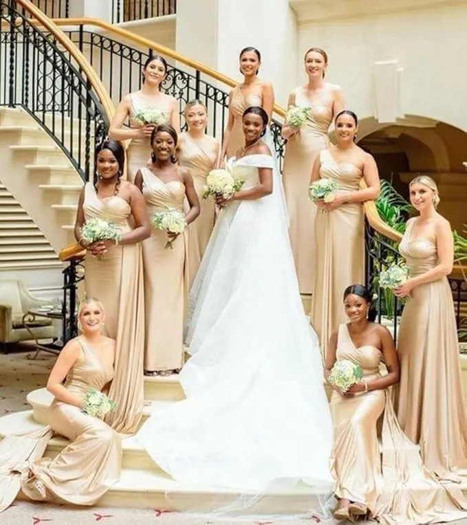 Satin Bridesmaid Dresses for Women Long Ruched Formal Dresses One Shoulder Prom Dresses KM334