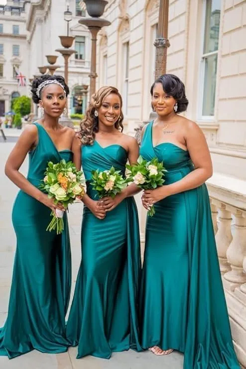 Satin Bridesmaid Dresses for Women Long Ruched Formal Dresses One Shoulder Prom Dresses KM334